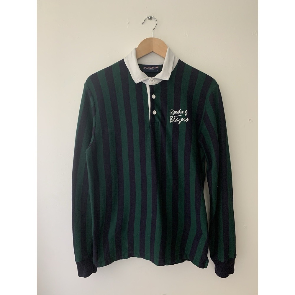 Rowing Blazers Rugby Polo Shirt Mens M Blue Green Stripe Long Sleeve Prep Ivy